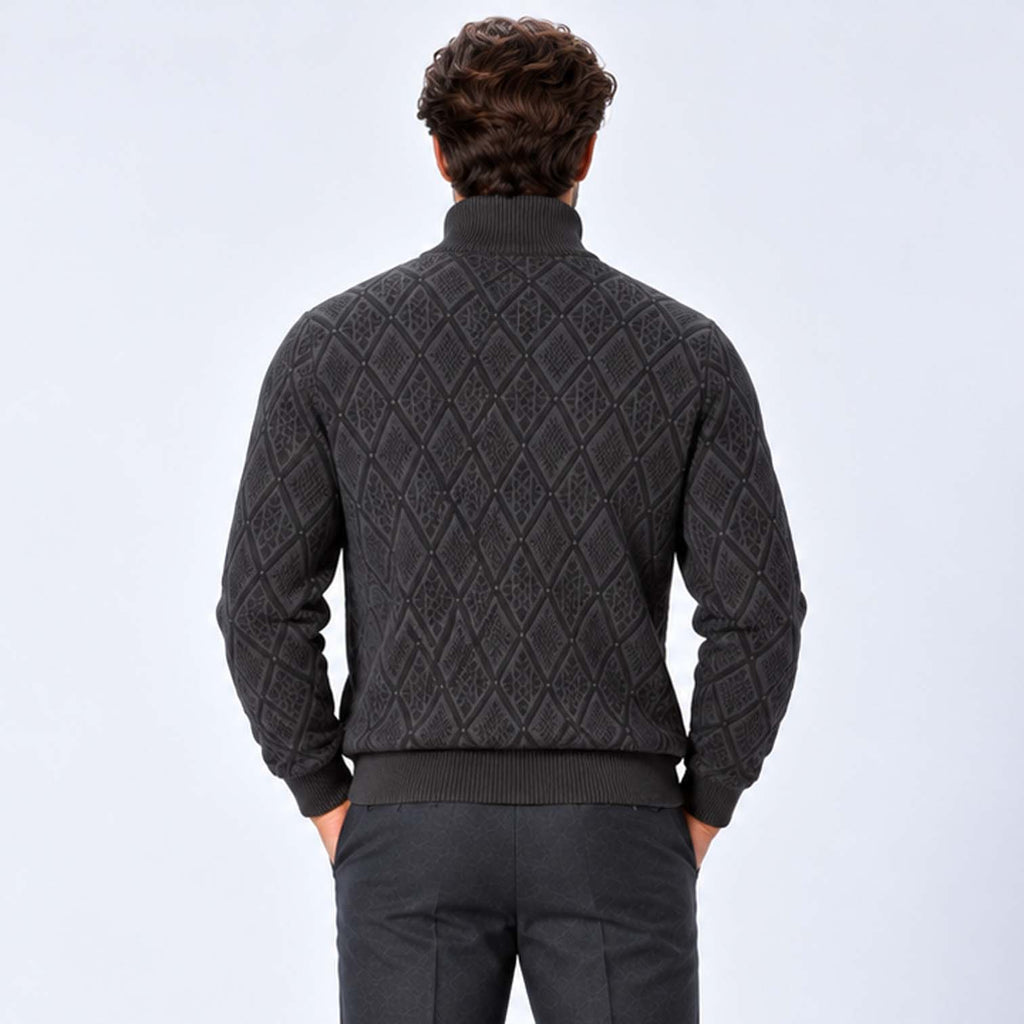 Monvaline | Men's Stand Collar Knit Zip-Up Cardigan Diamond Pattern