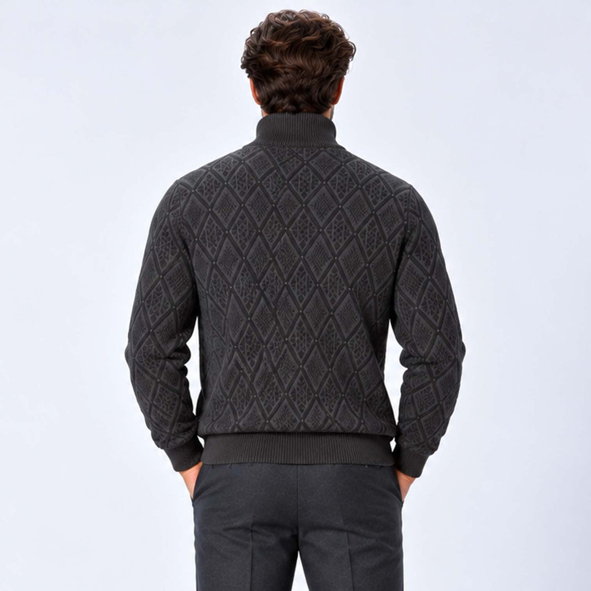 Monvaline | Men's Stand Collar Knit Zip-Up Cardigan Diamond Pattern