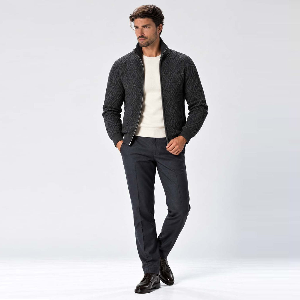 Monvaline | Men's Stand Collar Knit Zip-Up Cardigan Diamond Pattern