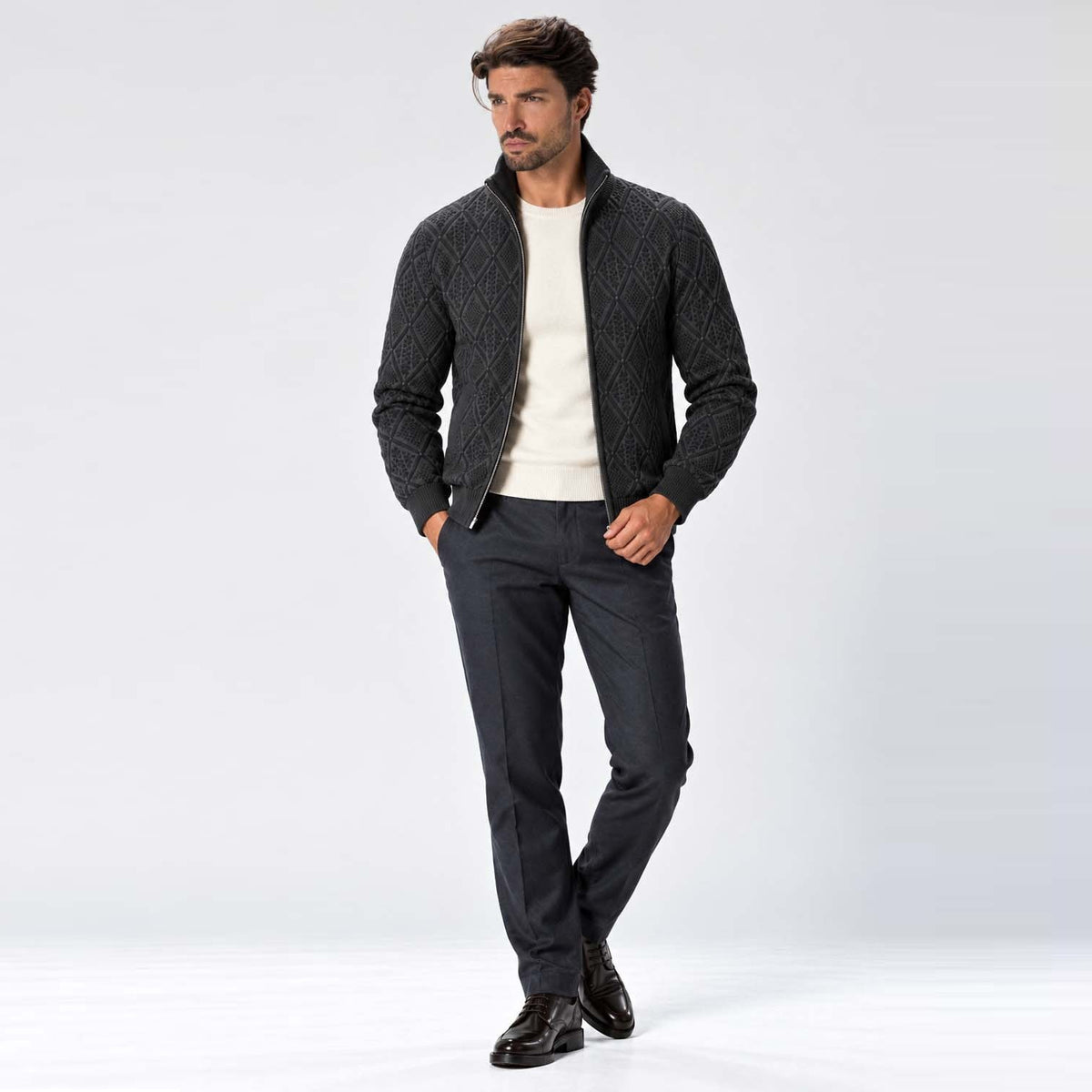 Monvaline | Men's Stand Collar Knit Zip-Up Cardigan Diamond Pattern