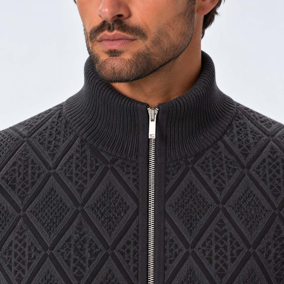 Monvaline | Men's Stand Collar Knit Zip-Up Cardigan Diamond Pattern