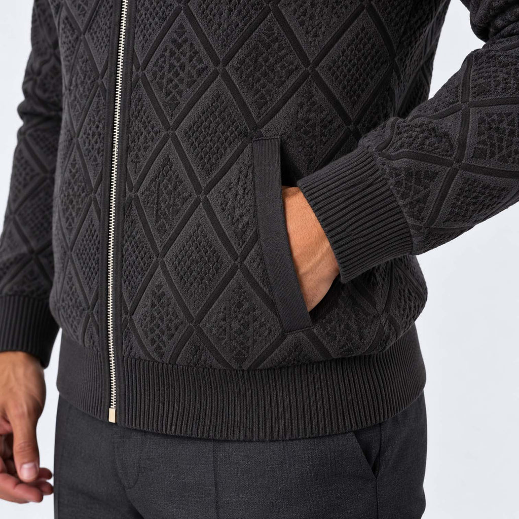 Monvaline | Men's Stand Collar Knit Zip-Up Cardigan Diamond Pattern
