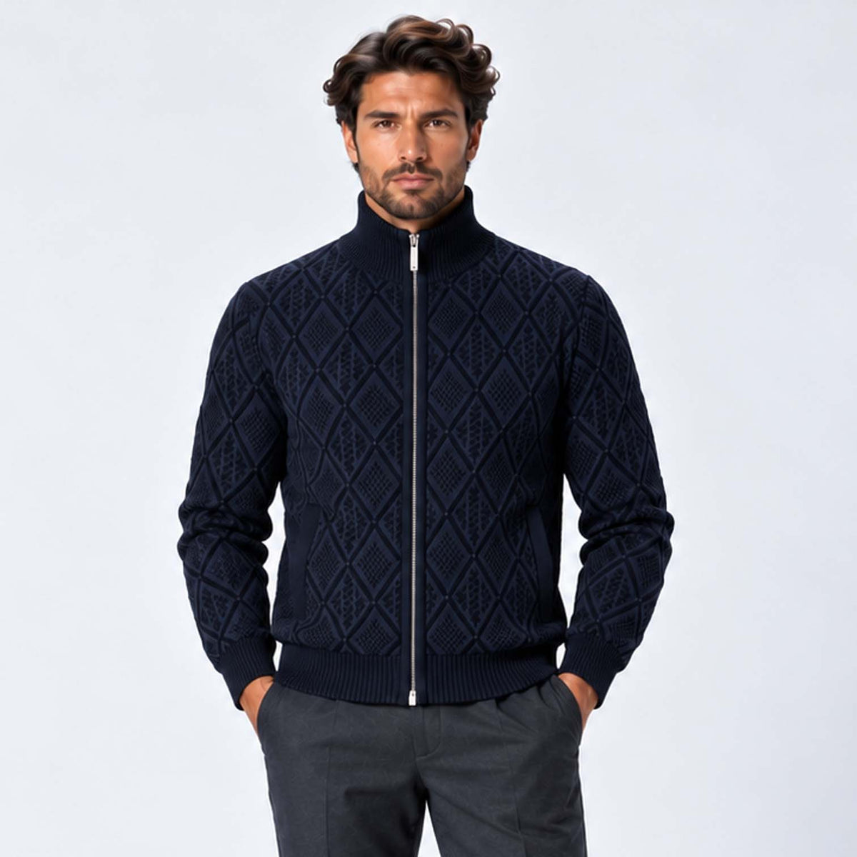 Monvaline | Men's Stand Collar Knit Zip-Up Cardigan Diamond Pattern