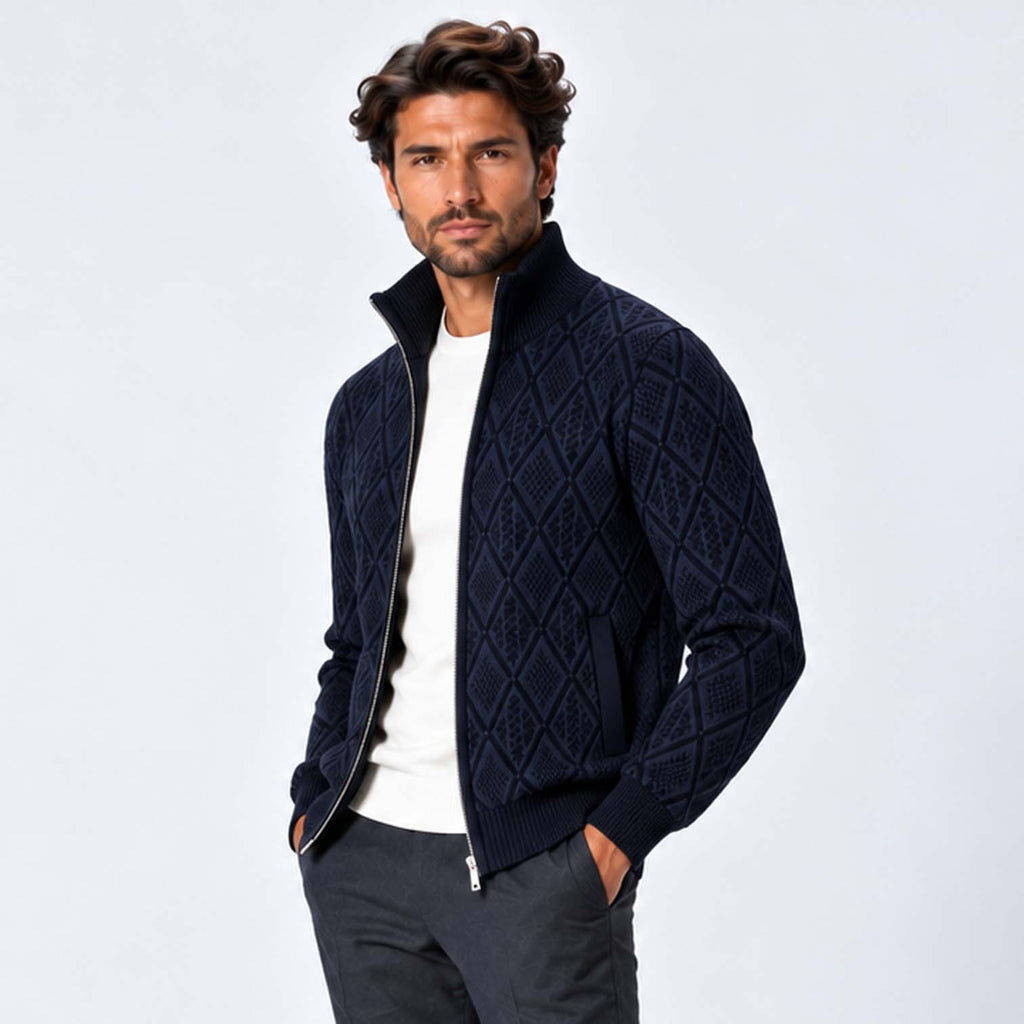 Monvaline | Men's Stand Collar Knit Zip-Up Cardigan Diamond Pattern