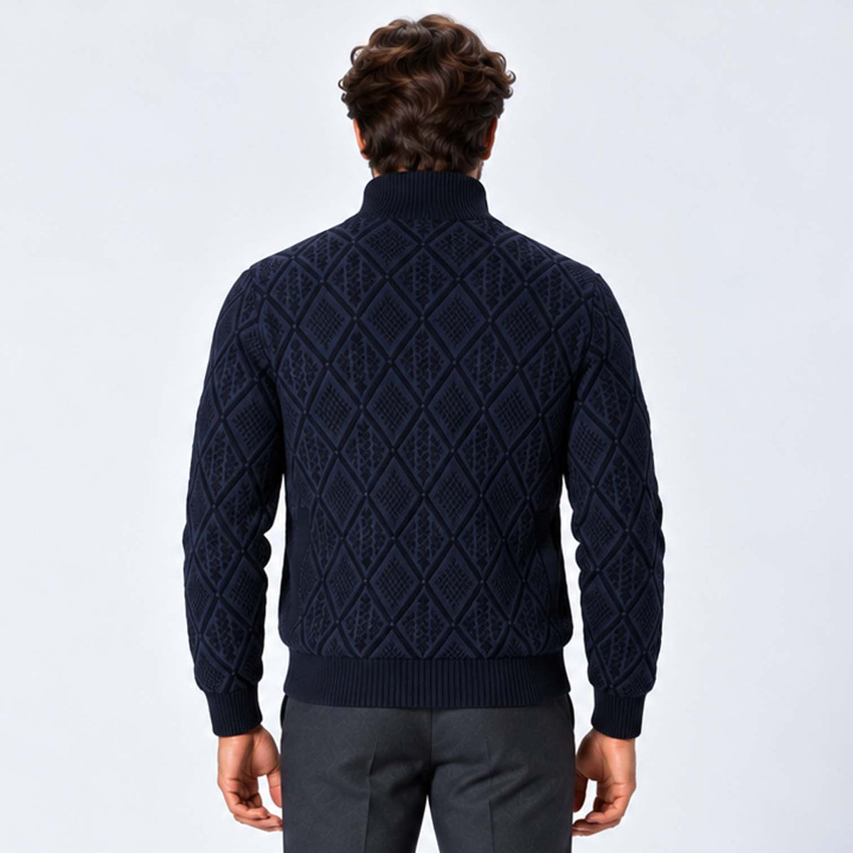 Monvaline | Men's Stand Collar Knit Zip-Up Cardigan Diamond Pattern