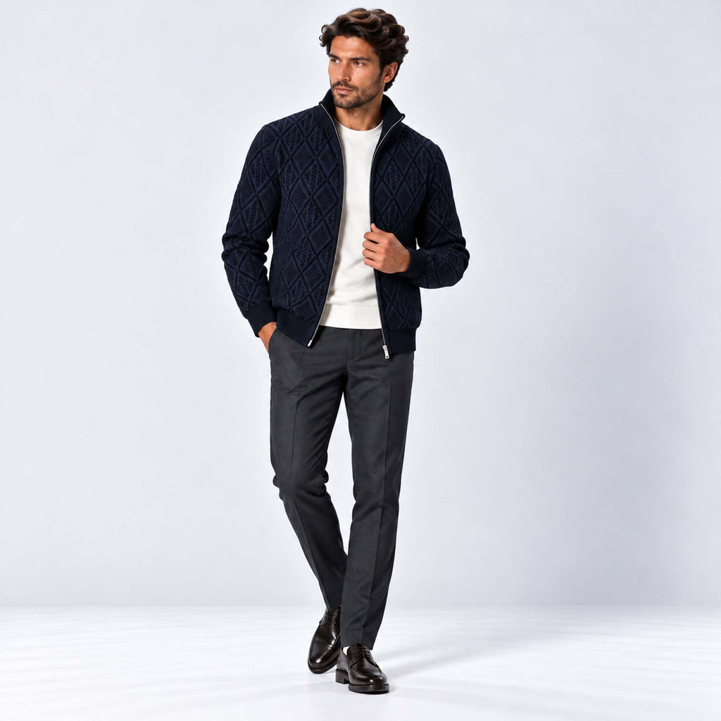 Monvaline | Men's Stand Collar Knit Zip-Up Cardigan Diamond Pattern