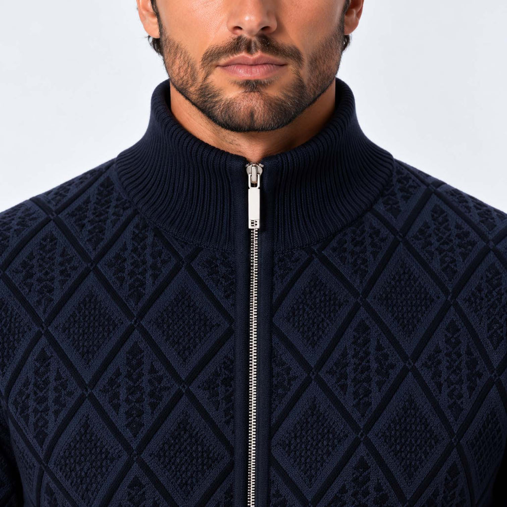 Monvaline | Men's Stand Collar Knit Zip-Up Cardigan Diamond Pattern