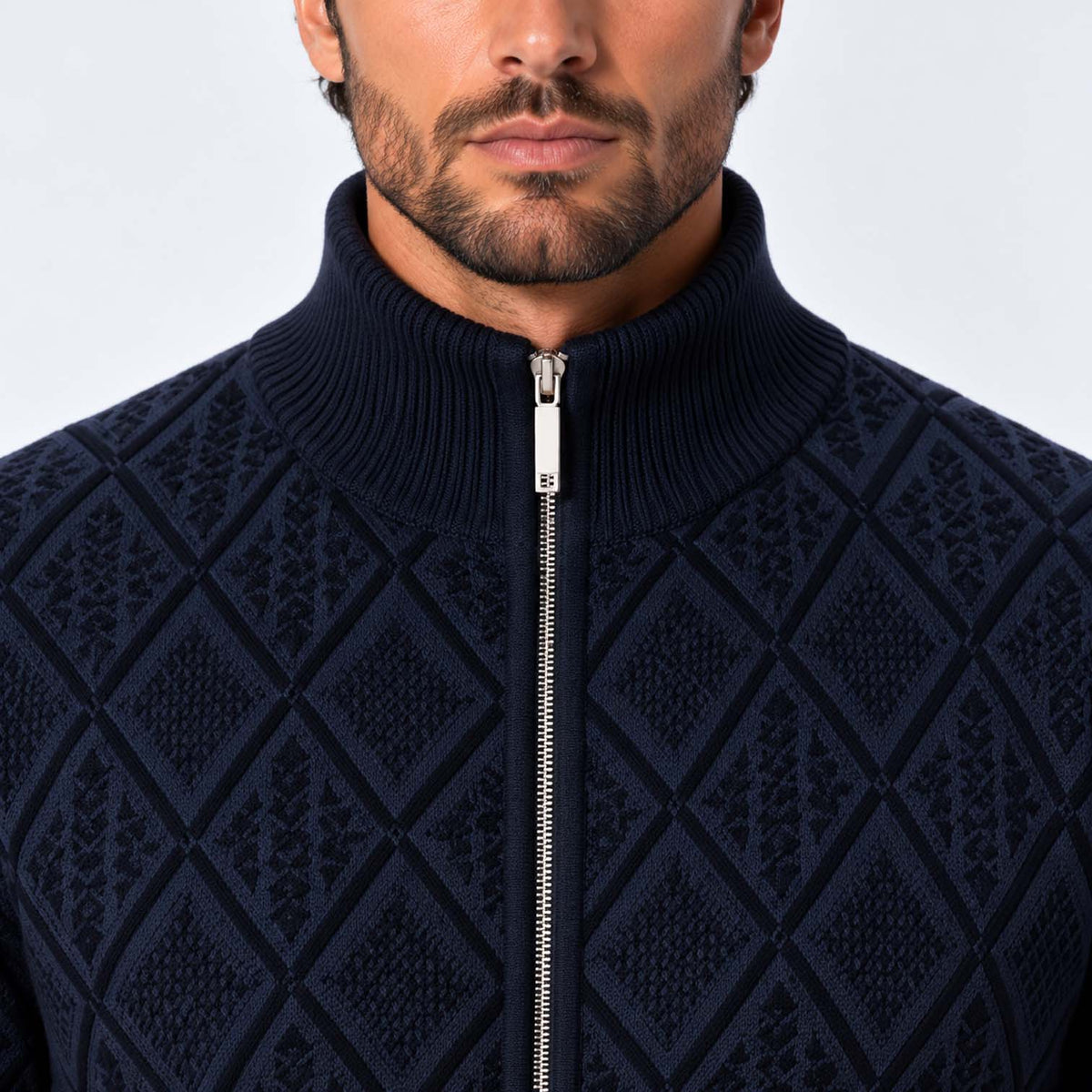 Monvaline | Men's Stand Collar Knit Zip-Up Cardigan Diamond Pattern