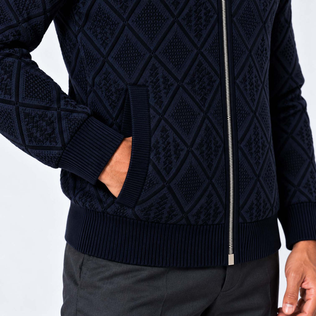 Monvaline | Men's Stand Collar Knit Zip-Up Cardigan Diamond Pattern