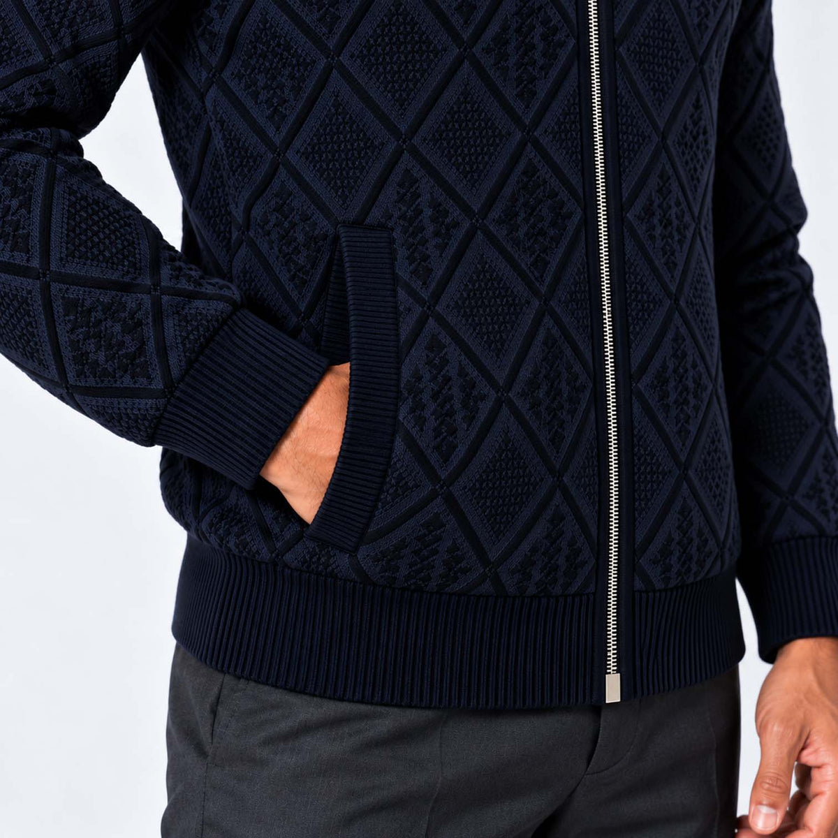 Monvaline | Men's Stand Collar Knit Zip-Up Cardigan Diamond Pattern