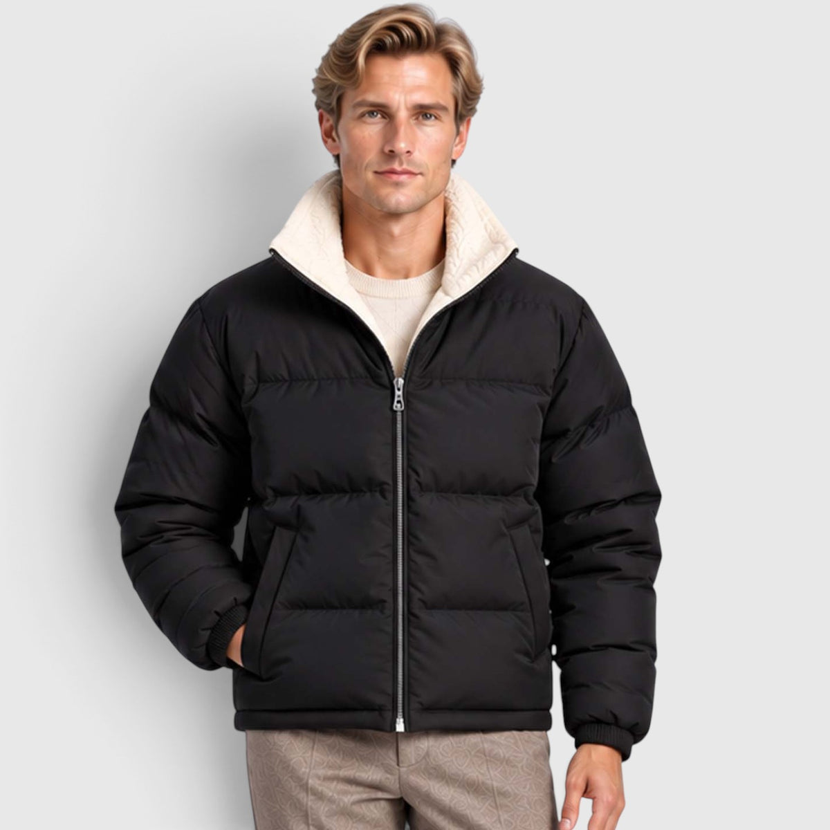 Monvaline | Men’s Reversible Puffer Jacket – Sherpa Lined Stand Collar