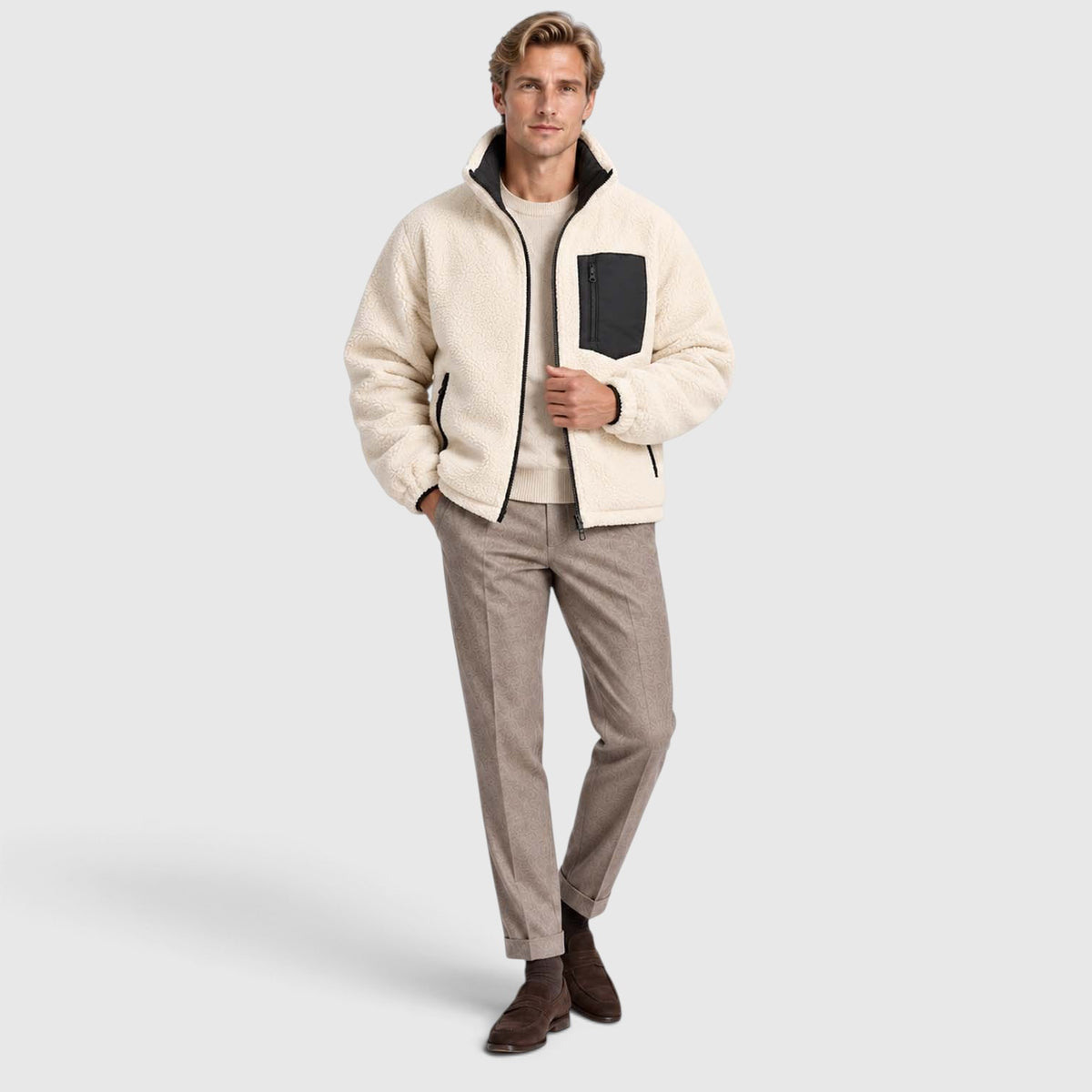 Monvaline | Men’s Reversible Puffer Jacket – Sherpa Lined Stand Collar