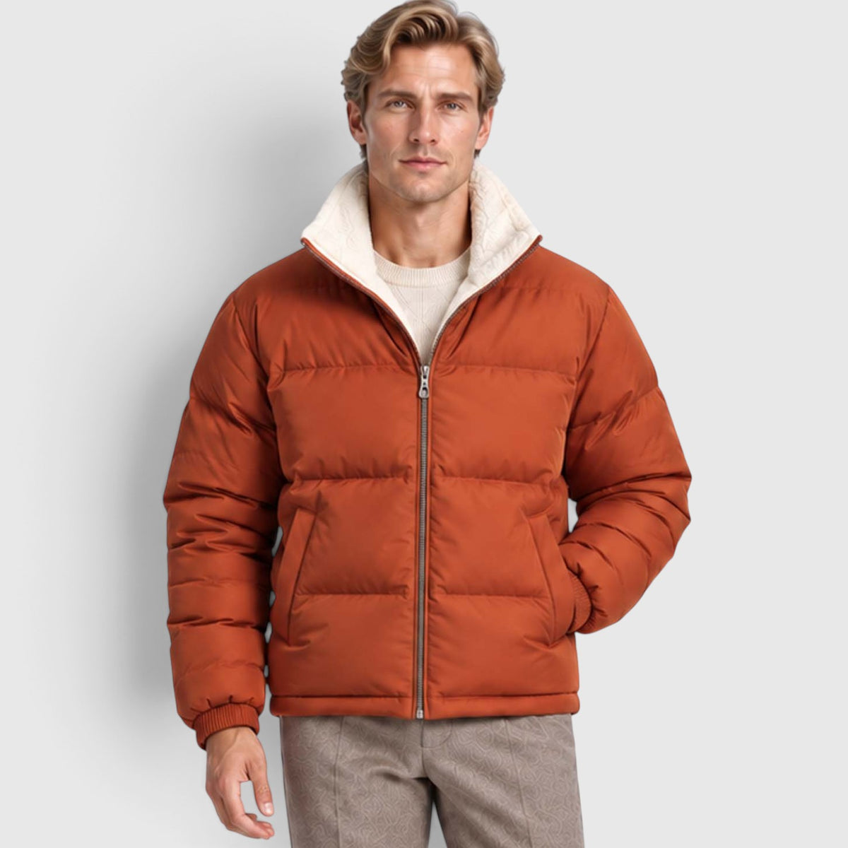 Monvaline | Men’s Reversible Puffer Jacket – Sherpa Lined Stand Collar