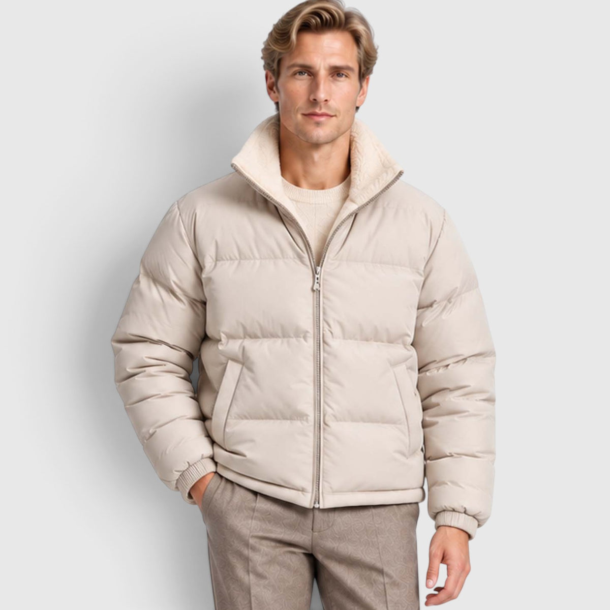 Monvaline | Men’s Reversible Puffer Jacket – Sherpa Lined Stand Collar