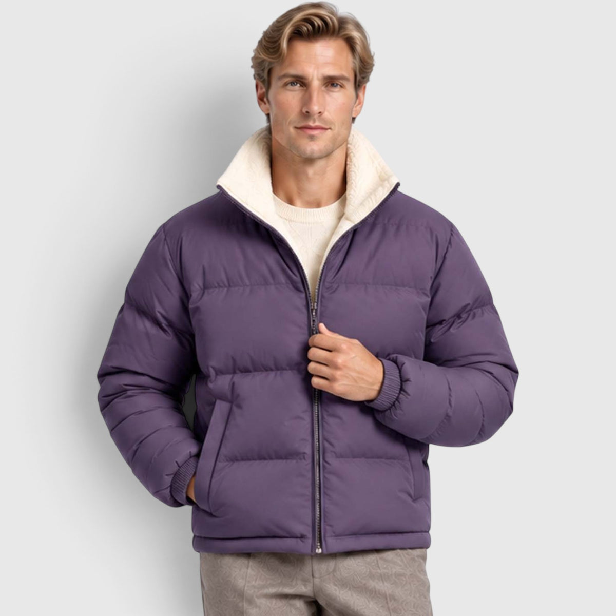 Monvaline | Men’s Reversible Puffer Jacket – Sherpa Lined Stand Collar