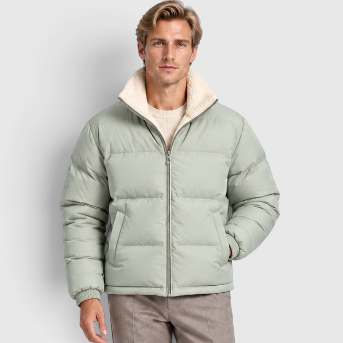 Monvaline | Men’s Reversible Puffer Jacket – Sherpa Lined Stand Collar
