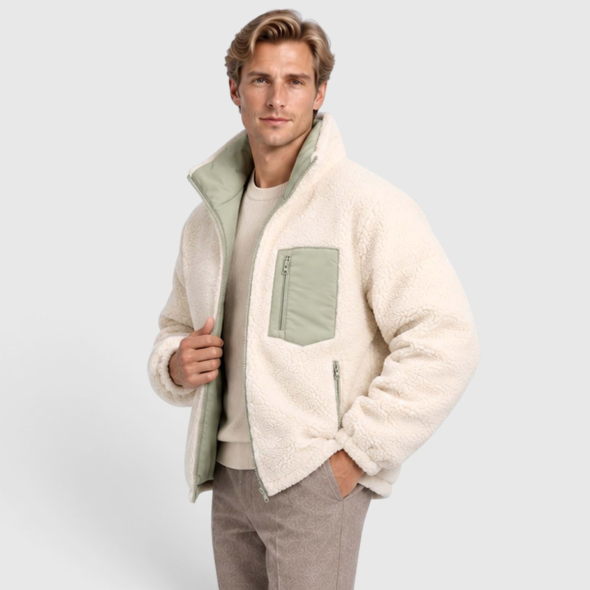 Monvaline | Men’s Reversible Puffer Jacket – Sherpa Lined Stand Collar
