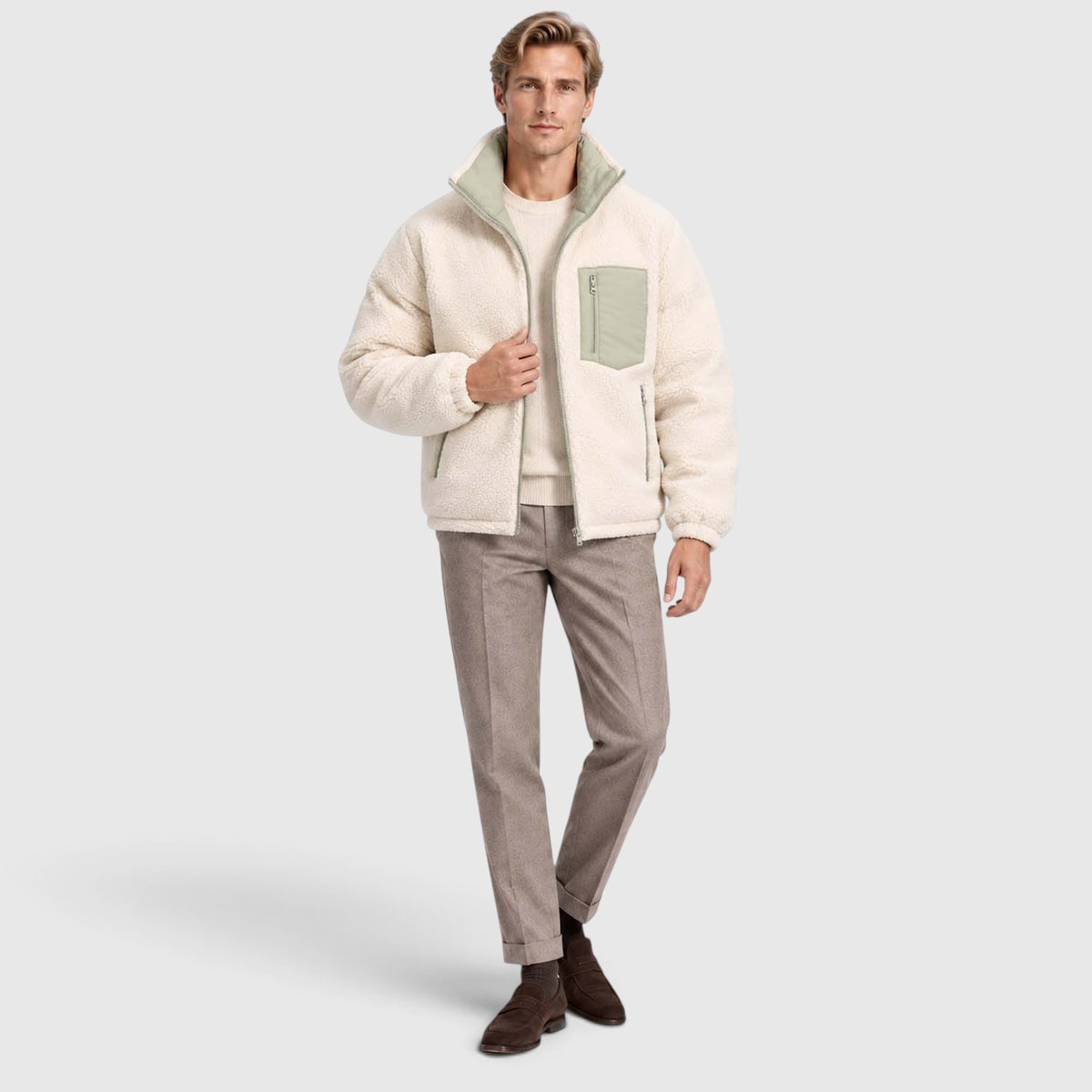 Monvaline | Men’s Reversible Puffer Jacket – Sherpa Lined Stand Collar