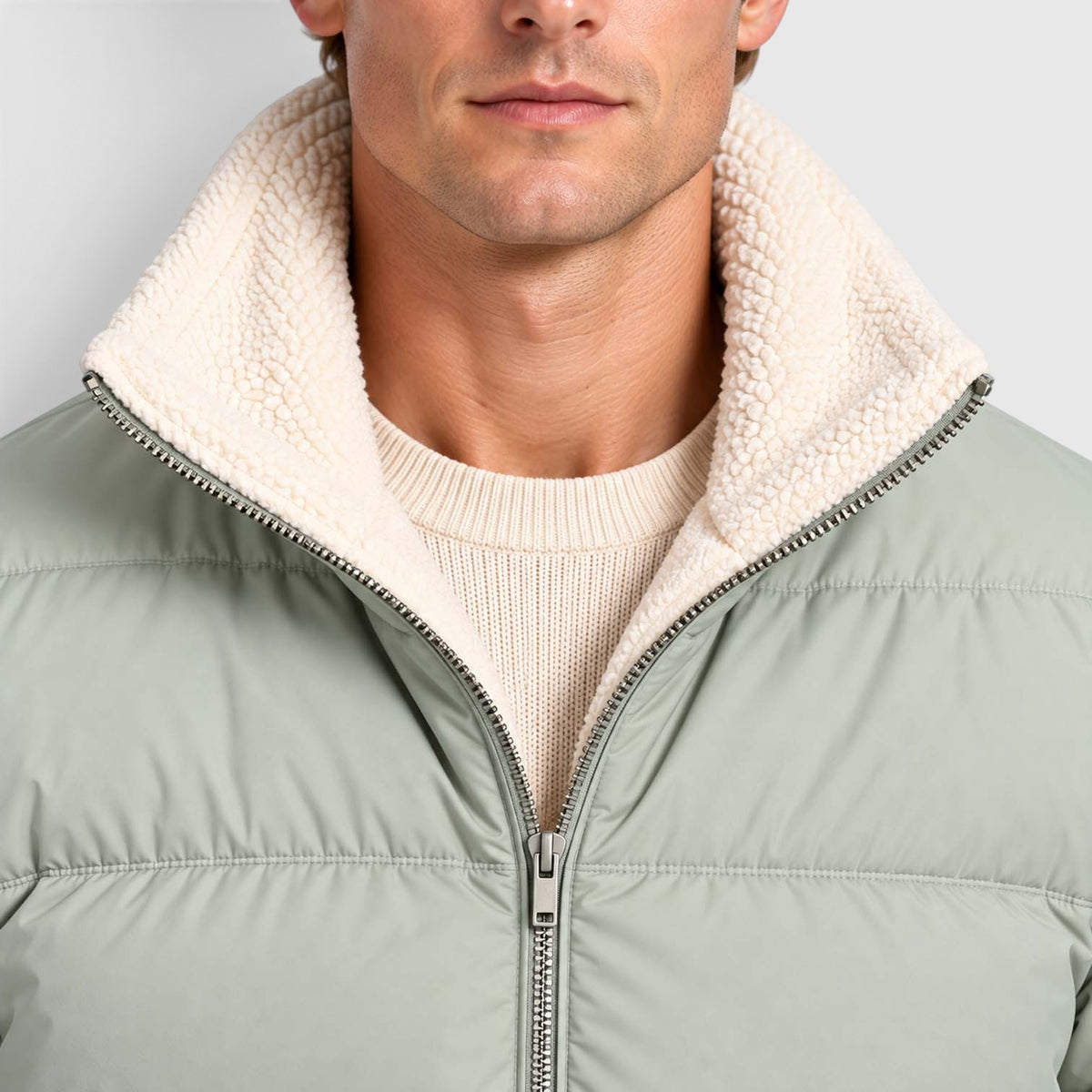 Monvaline | Men’s Reversible Puffer Jacket – Sherpa Lined Stand Collar