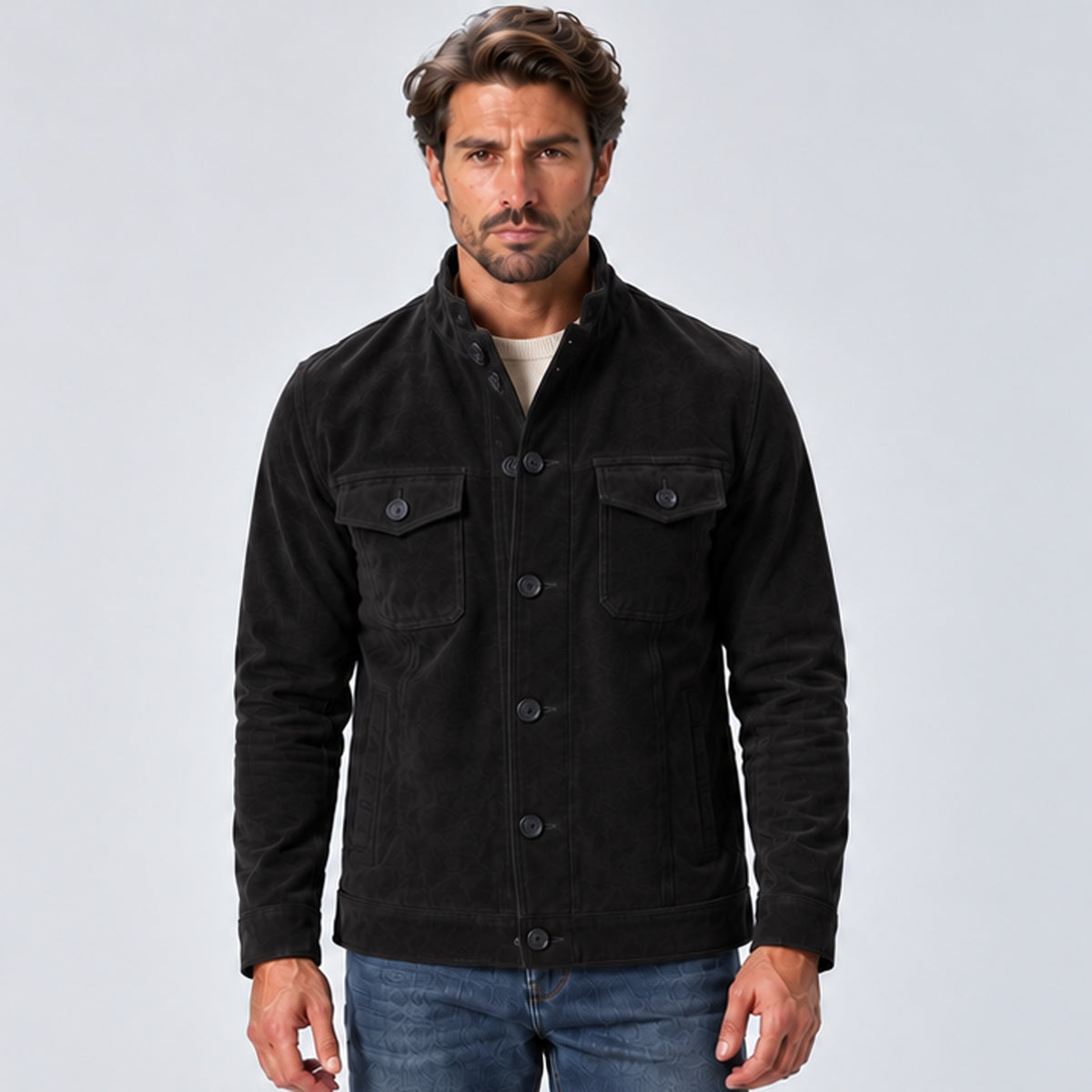 Monvaline | Men's Suede-Look Trucker Jacket – Button-Up
