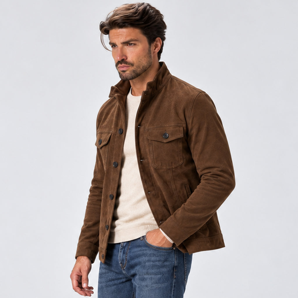 Monvaline | Men's Suede-Look Trucker Jacket – Button-Up