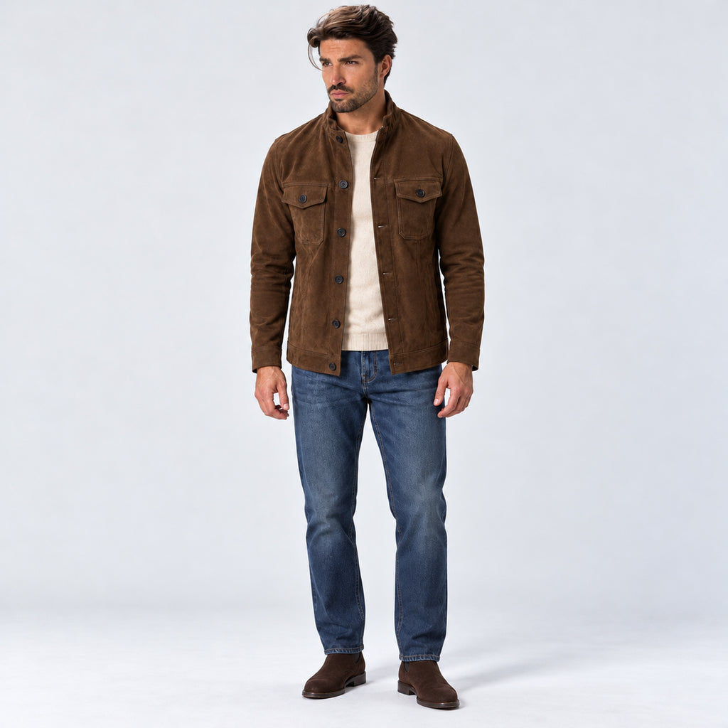 Monvaline | Men's Suede-Look Trucker Jacket – Button-Up