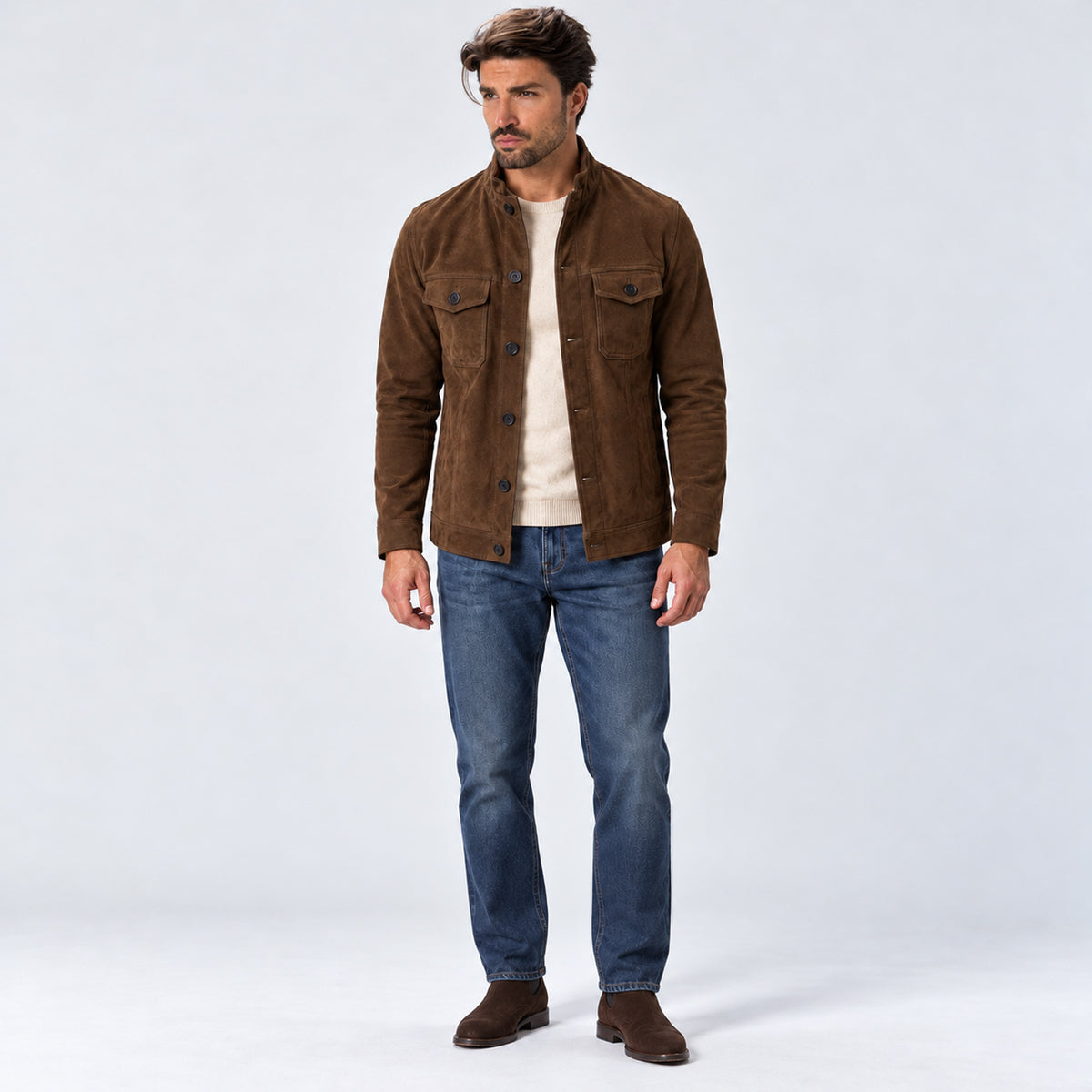 Monvaline | Men's Suede-Look Trucker Jacket – Button-Up