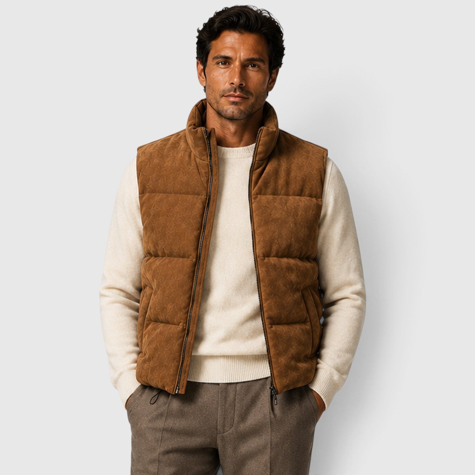 Monvaline | Men's Suede Puffer Gilet – Padded Zip-Up Bodywarmer