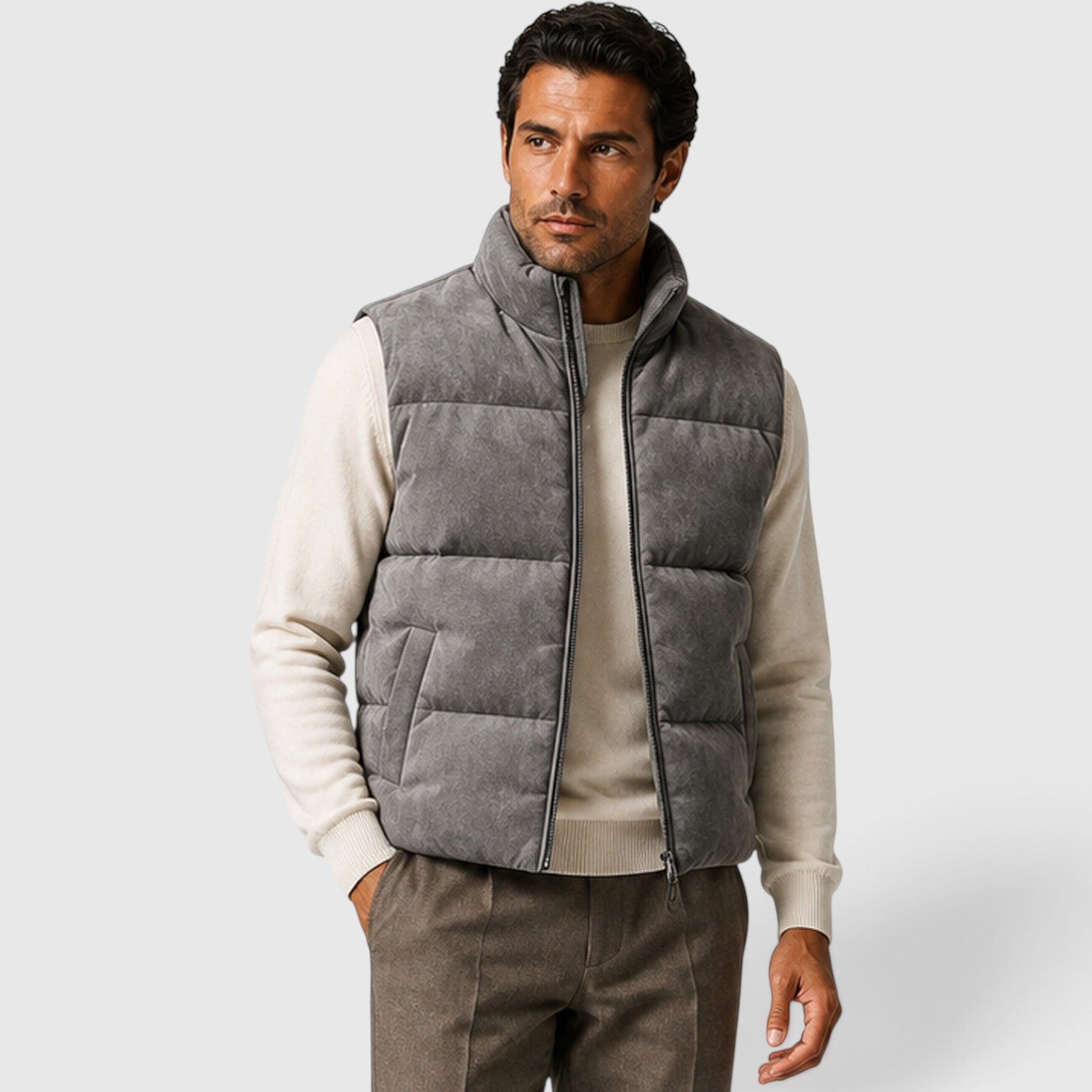 Monvaline | Men's Suede Puffer Gilet – Padded Zip-Up Bodywarmer