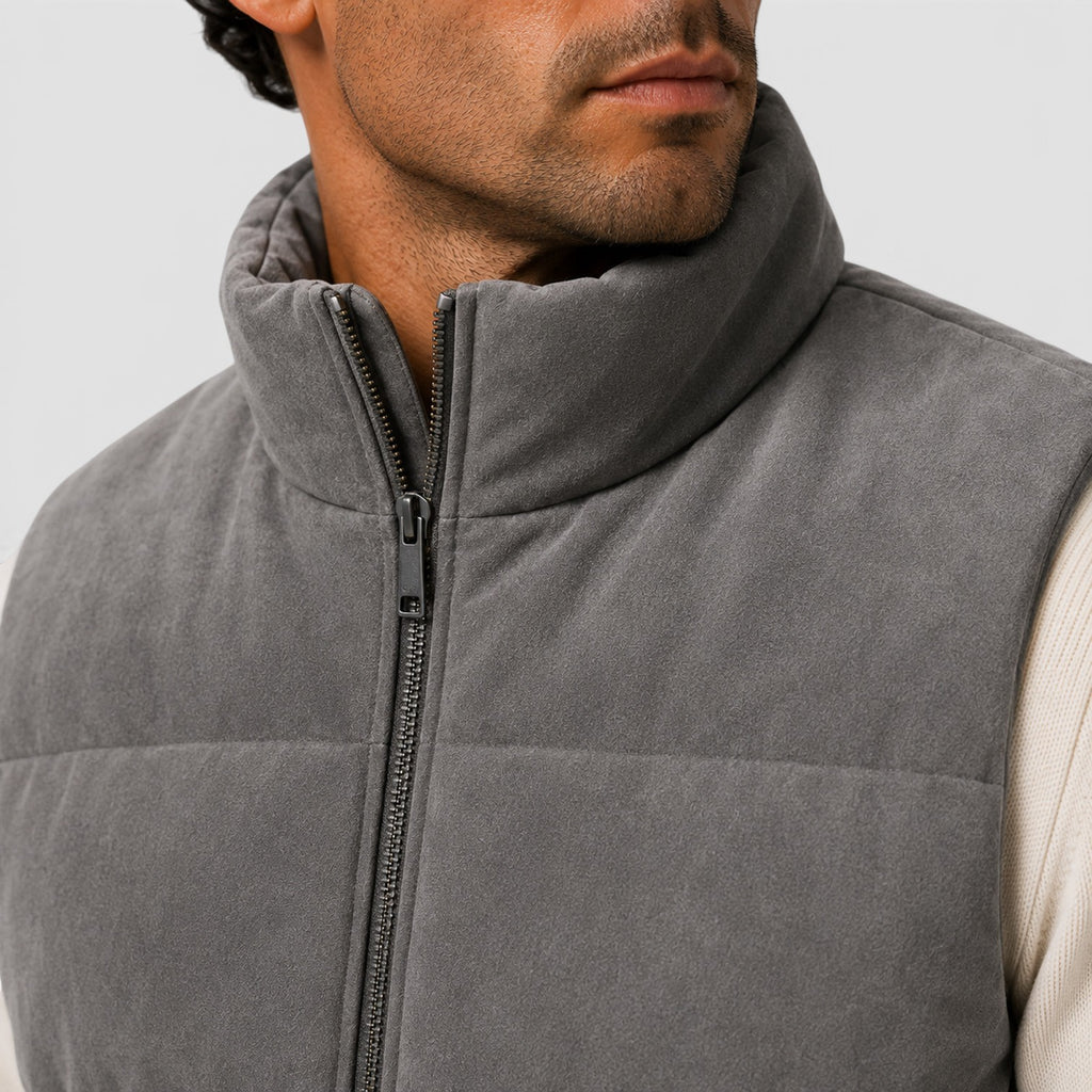 Monvaline | Men's Suede Puffer Gilet – Padded Zip-Up Bodywarmer
