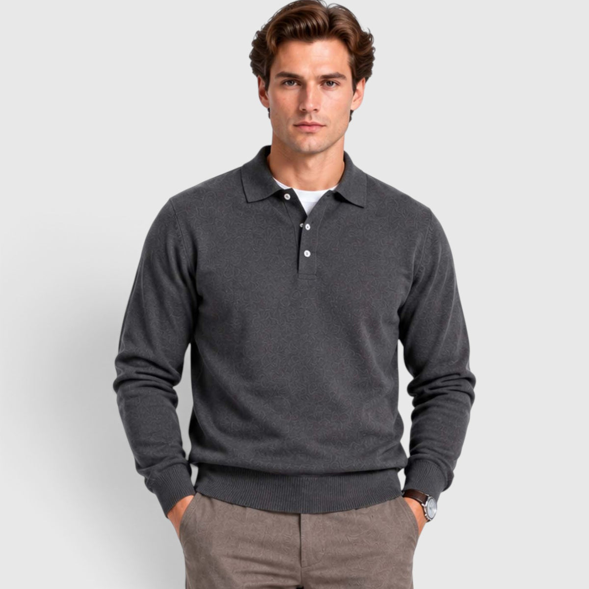 Monvaline | Men's Textured Polo Knit Sweater - Smart Casual Long Sleeve