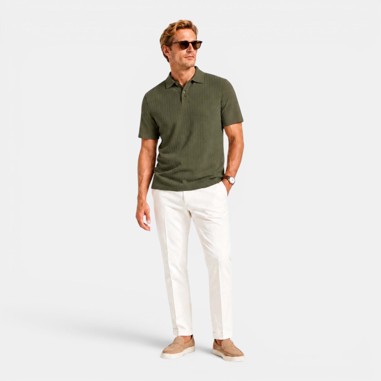 Monvaline | Men's Textured Ribbed Polo Shirt Lightweight Relaxed Fit