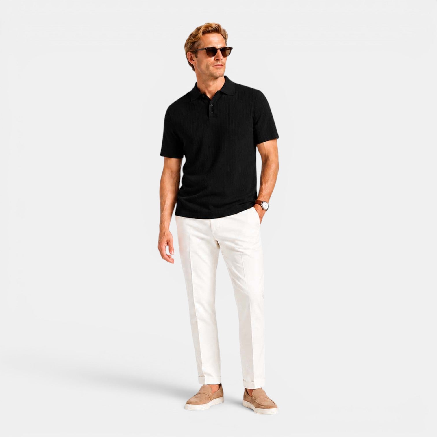Monvaline | Men's Textured Ribbed Polo Shirt Lightweight Relaxed Fit