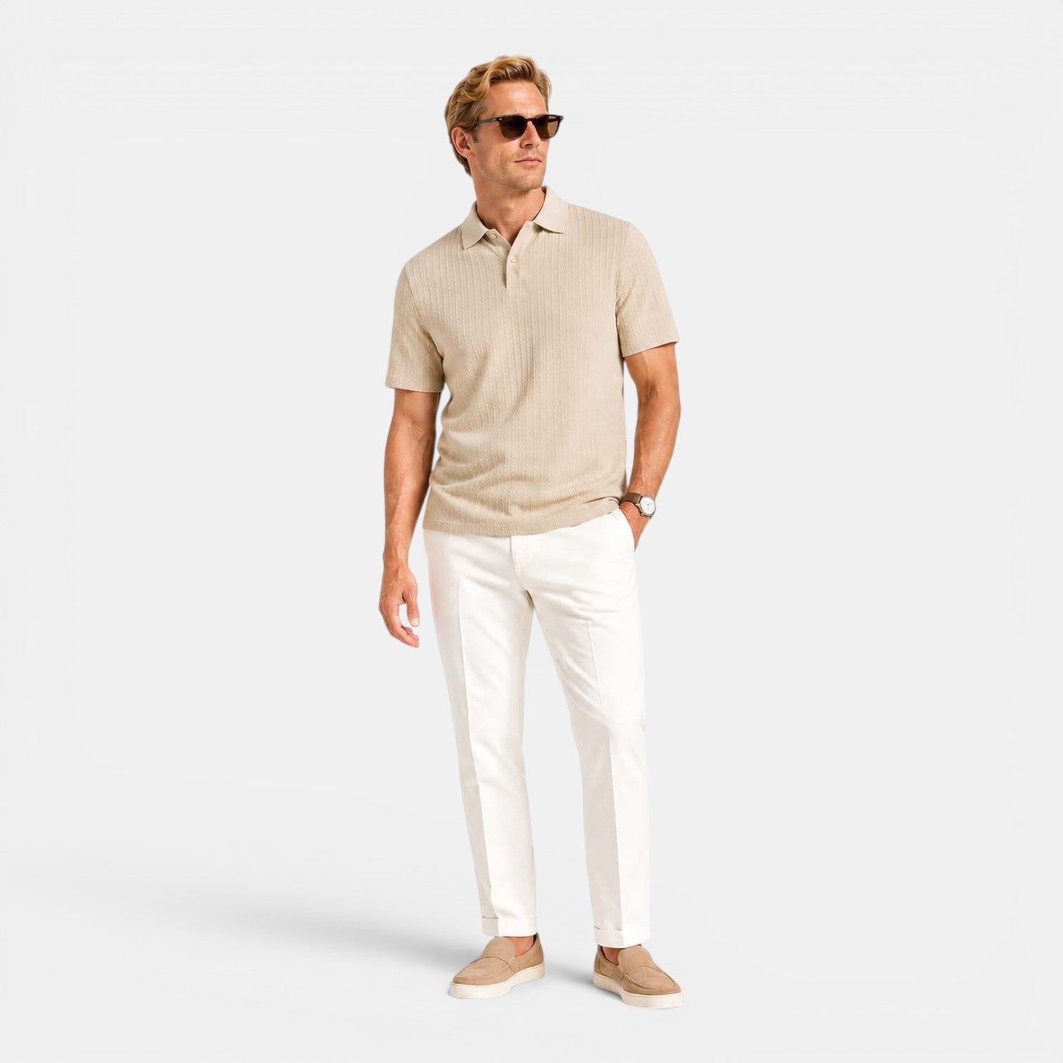 Monvaline | Men's Textured Ribbed Polo Shirt Lightweight Relaxed Fit