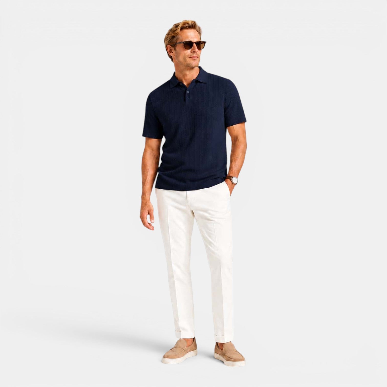 Monvaline | Men's Textured Ribbed Polo Shirt Lightweight Relaxed Fit