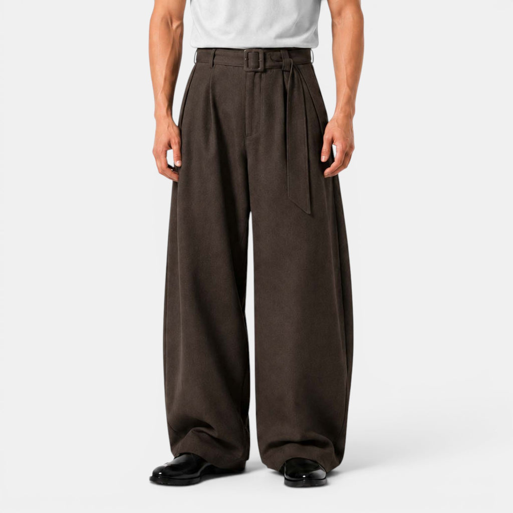 Monvaline | Men's Wide Leg Pleated Dress Pants High Waist Belted Trousers