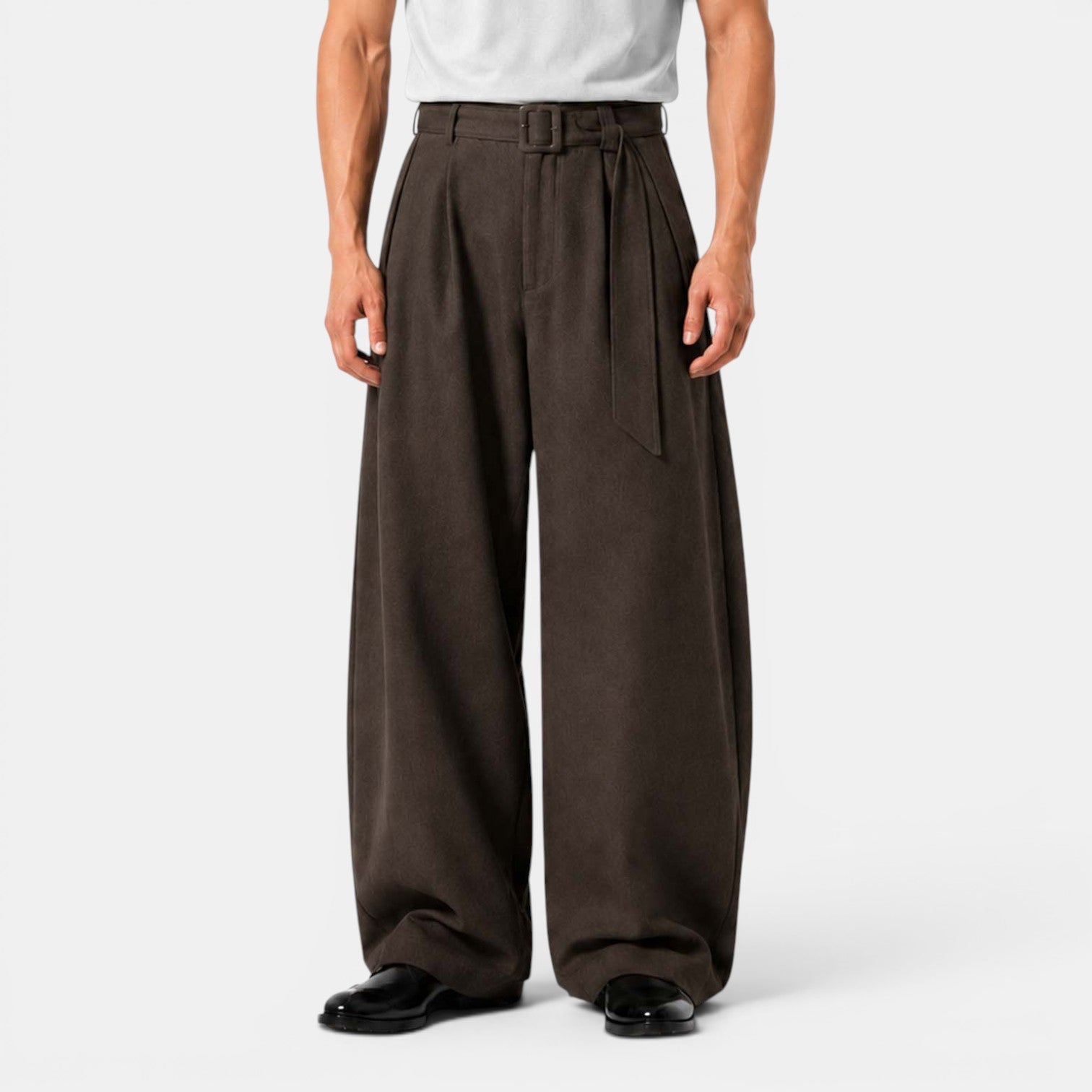 Monvaline | Men's Wide Leg Pleated Dress Pants High Waist Belted Trousers