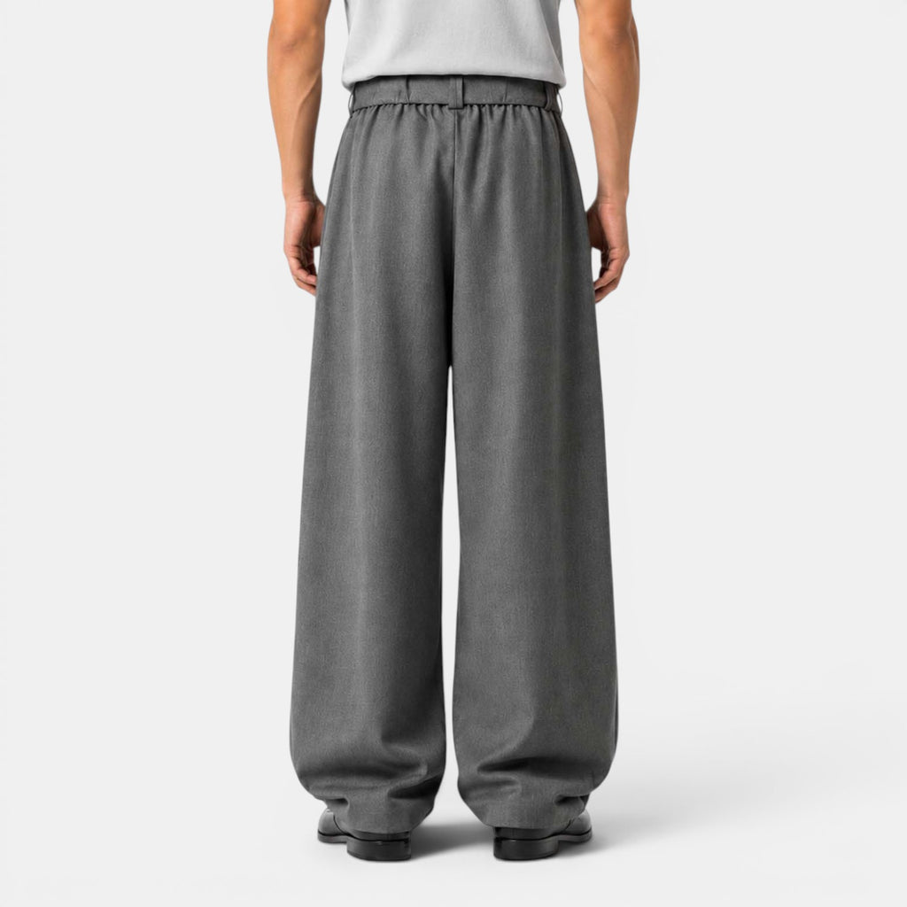 Monvaline | Men's Wide Leg Pleated Dress Pants High Waist Belted Trousers