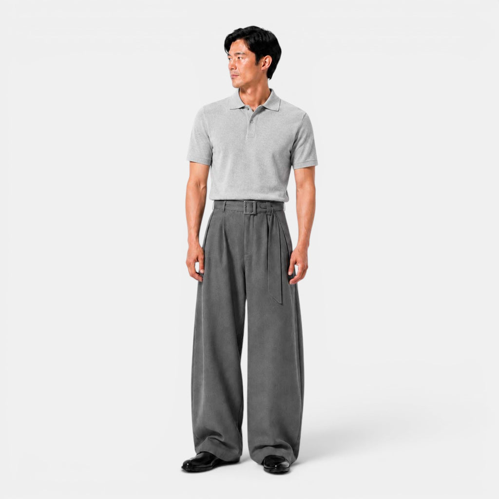 Monvaline | Men's Wide Leg Pleated Dress Pants High Waist Belted Trousers