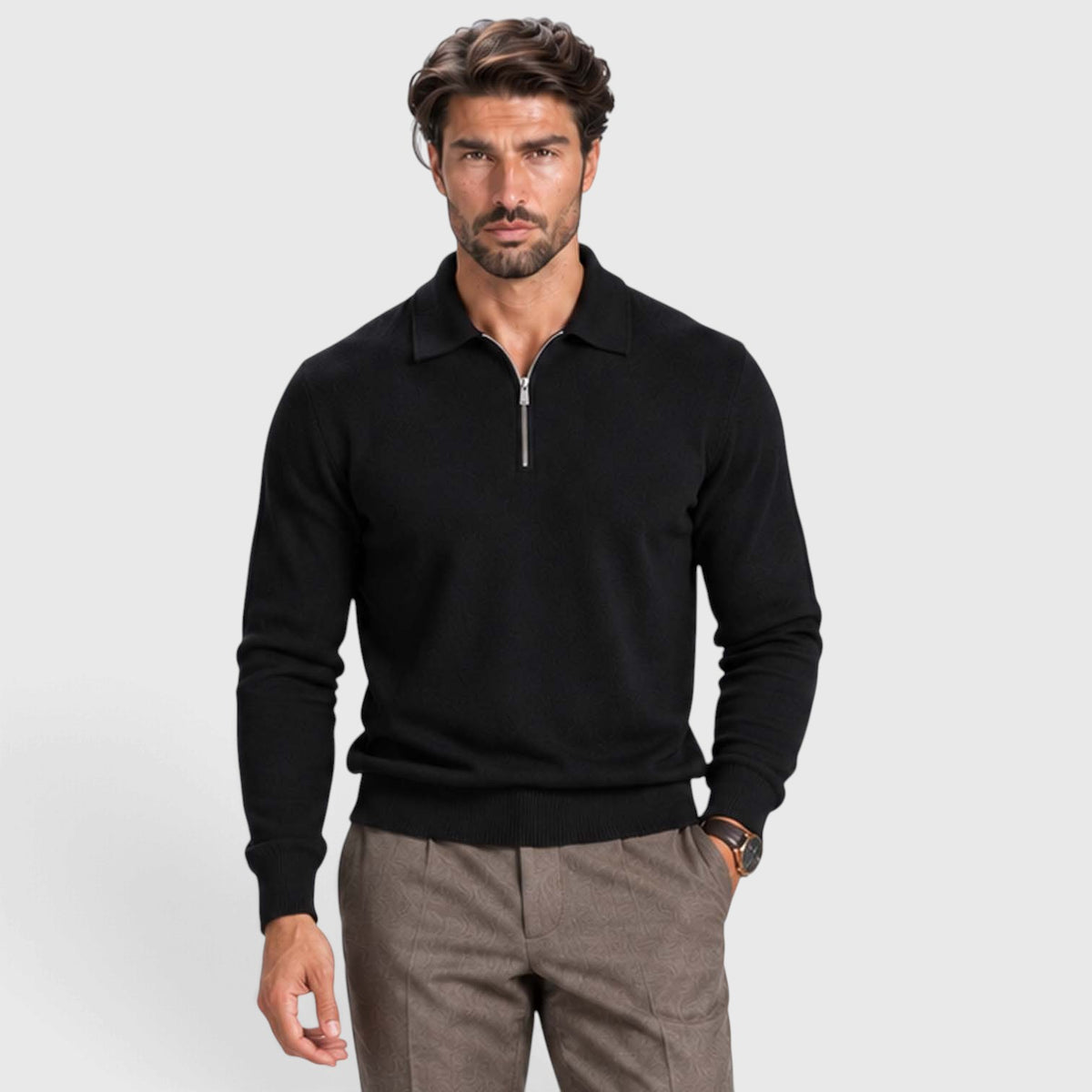 Monvaline | Men's Wool Blend Quarter Zip Polo Jumper