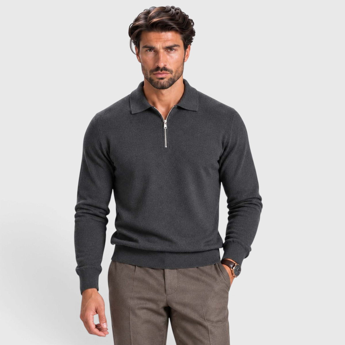 Monvaline | Men's Wool Blend Quarter Zip Polo Jumper