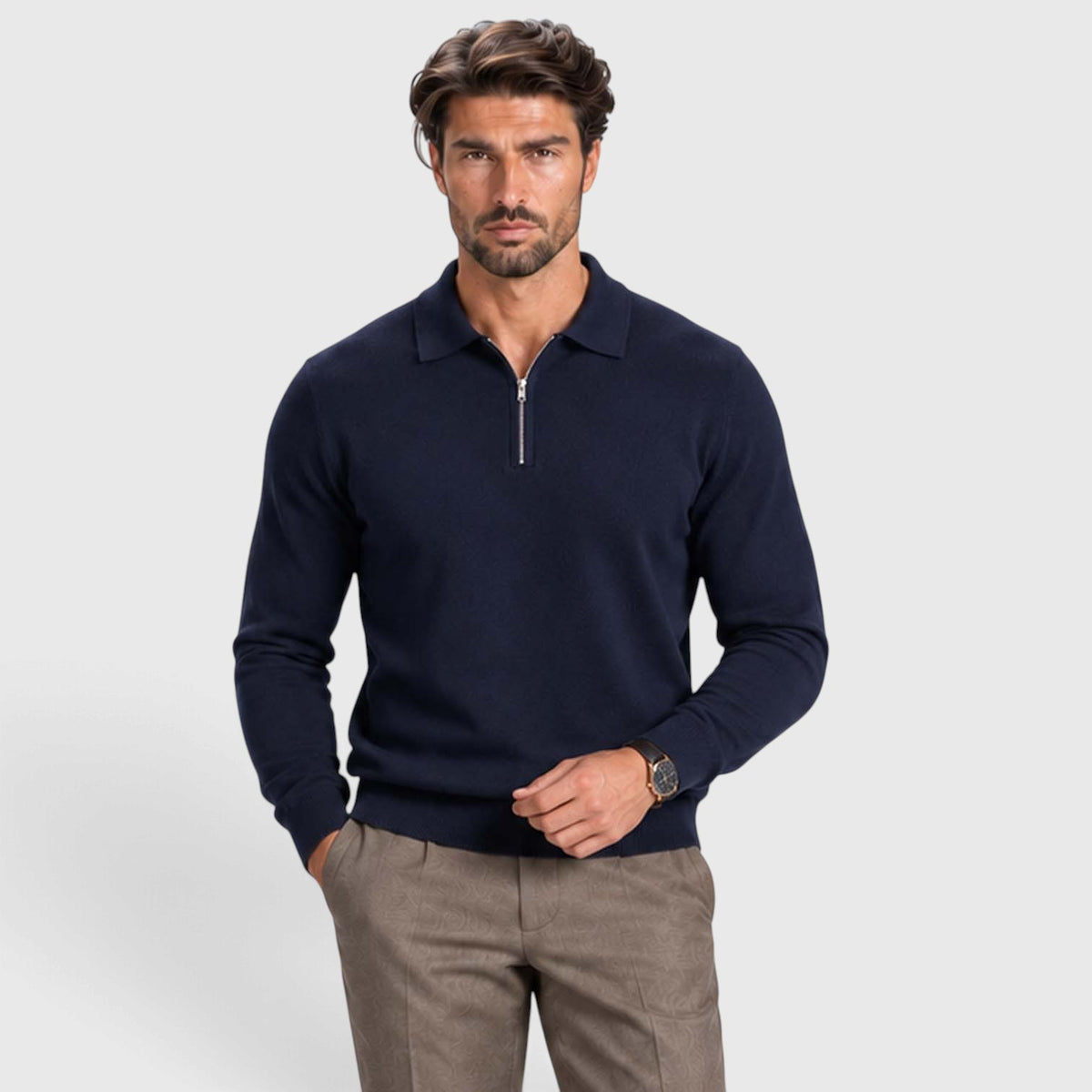 Monvaline | Men's Wool Blend Quarter Zip Polo Jumper