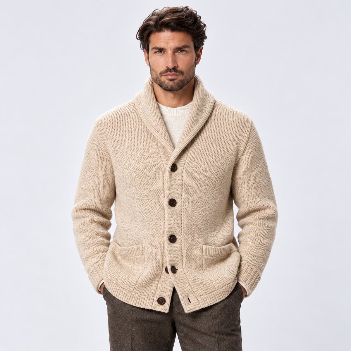 Monvaline | Men's Wool Blend Shawl Collar Ribbed Knit Cardigan