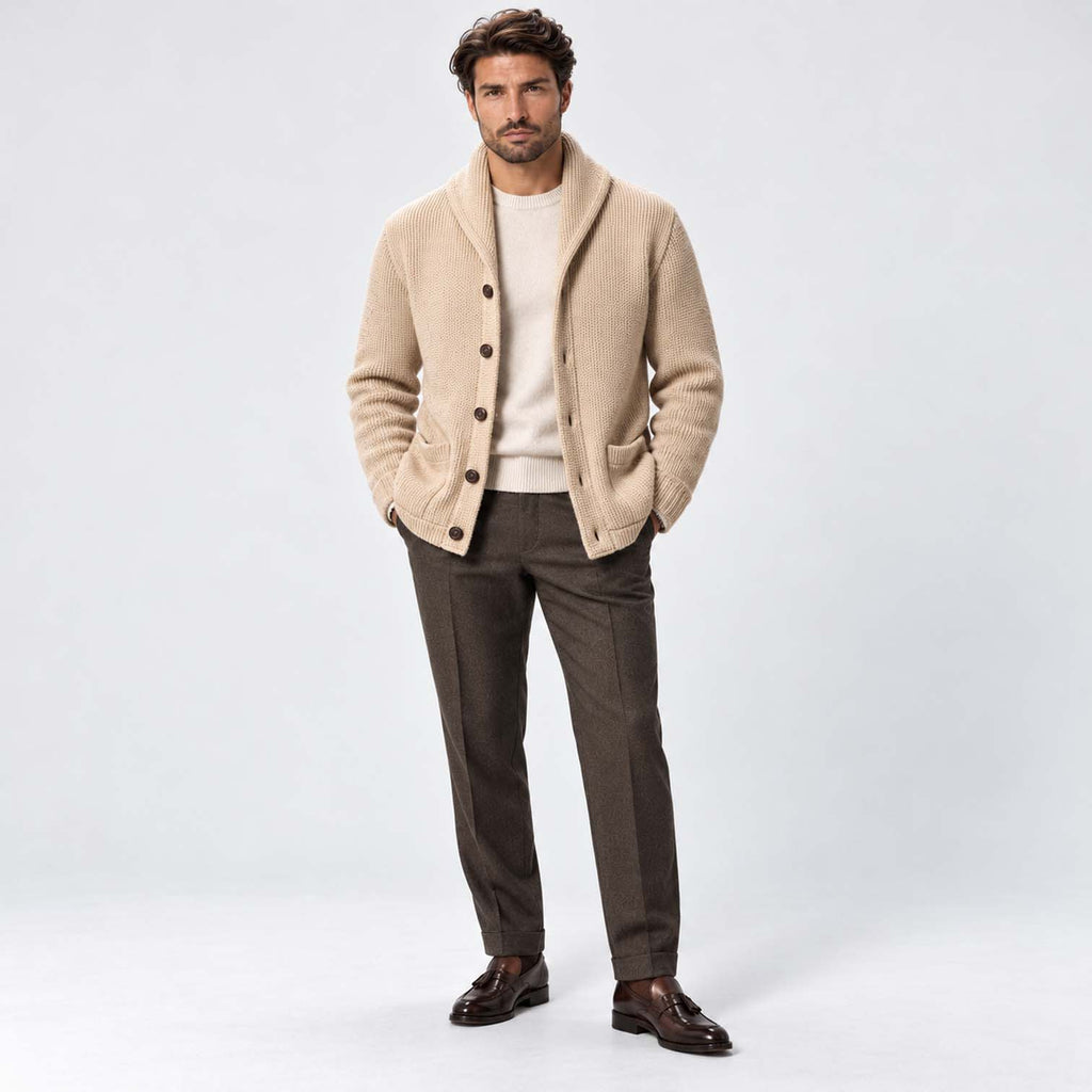 Monvaline | Men's Wool Blend Shawl Collar Ribbed Knit Cardigan