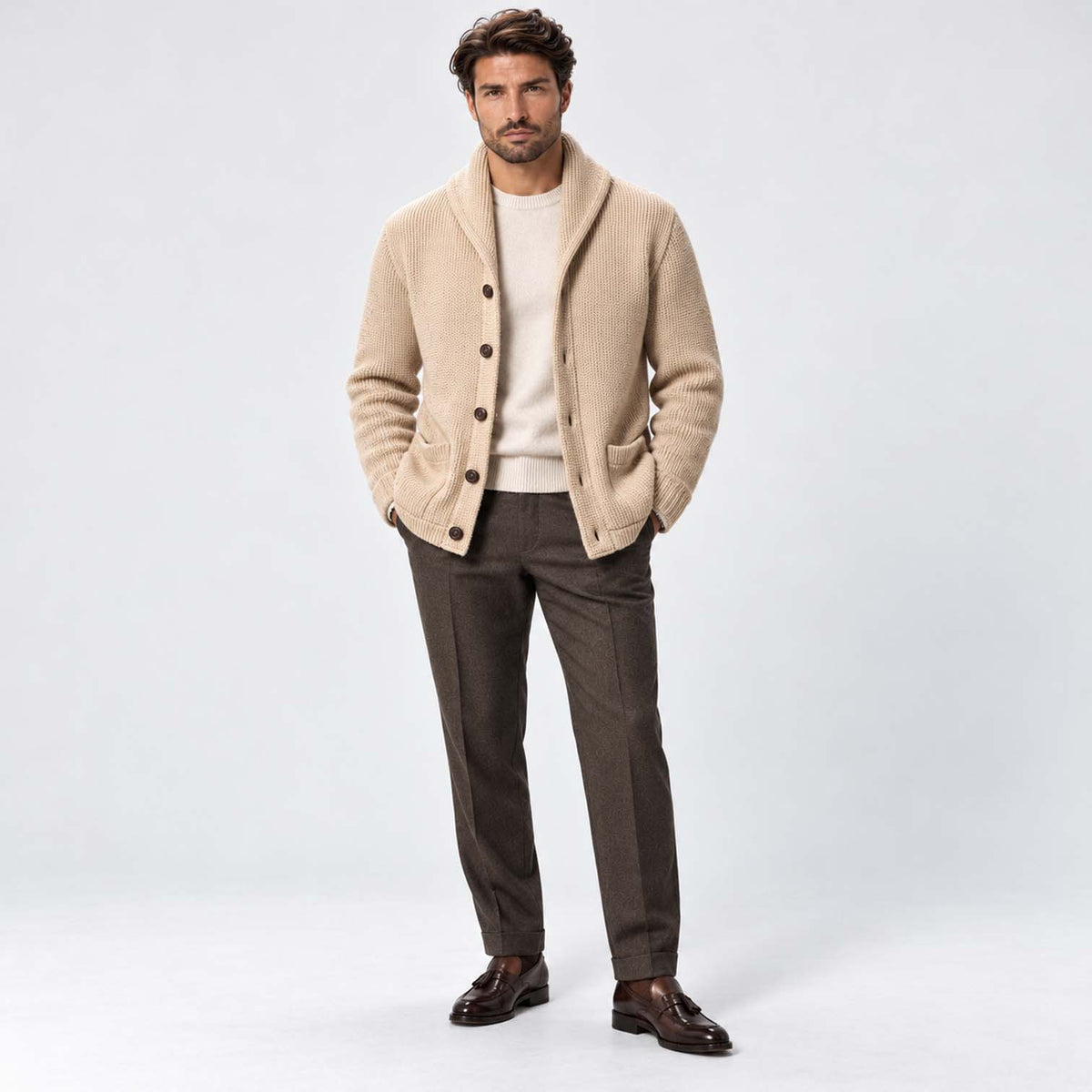 Monvaline | Men's Wool Blend Shawl Collar Ribbed Knit Cardigan