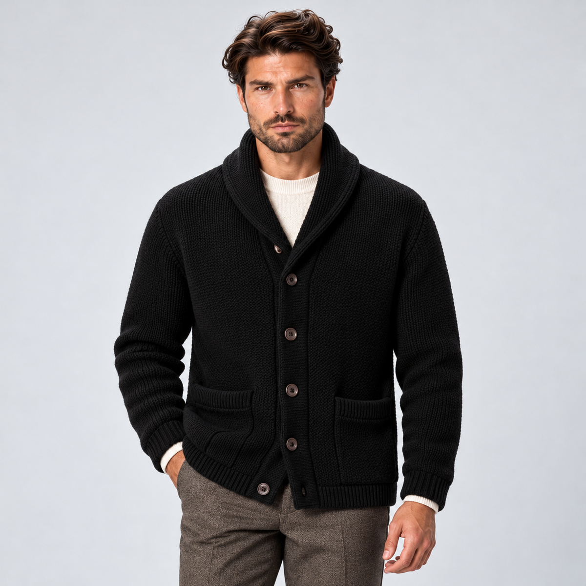 Monvaline | Men's Wool Blend Shawl Collar Ribbed Knit Cardigan