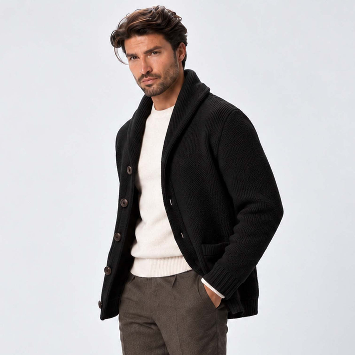Monvaline | Men's Wool Blend Shawl Collar Ribbed Knit Cardigan