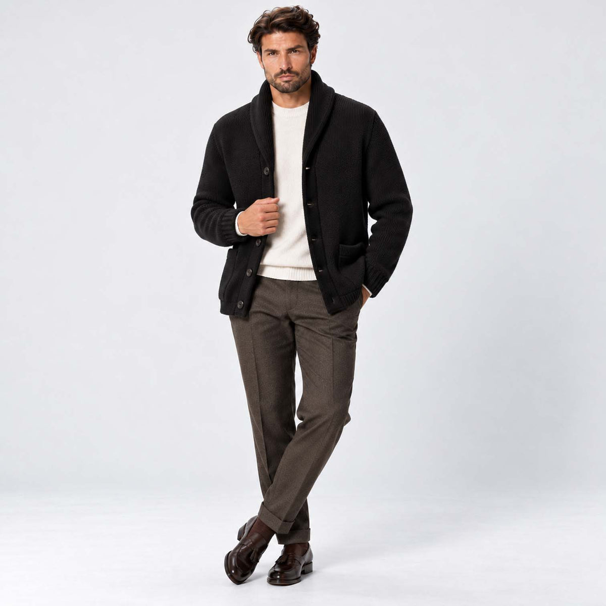 Monvaline | Men's Wool Blend Shawl Collar Ribbed Knit Cardigan