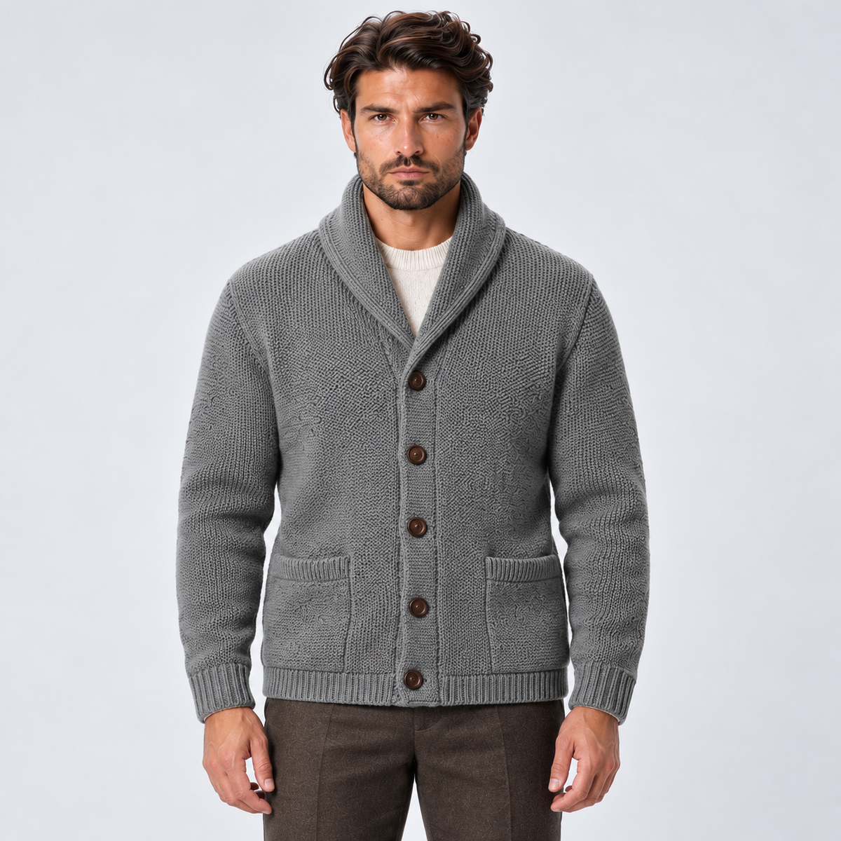 Monvaline | Men's Wool Blend Shawl Collar Ribbed Knit Cardigan