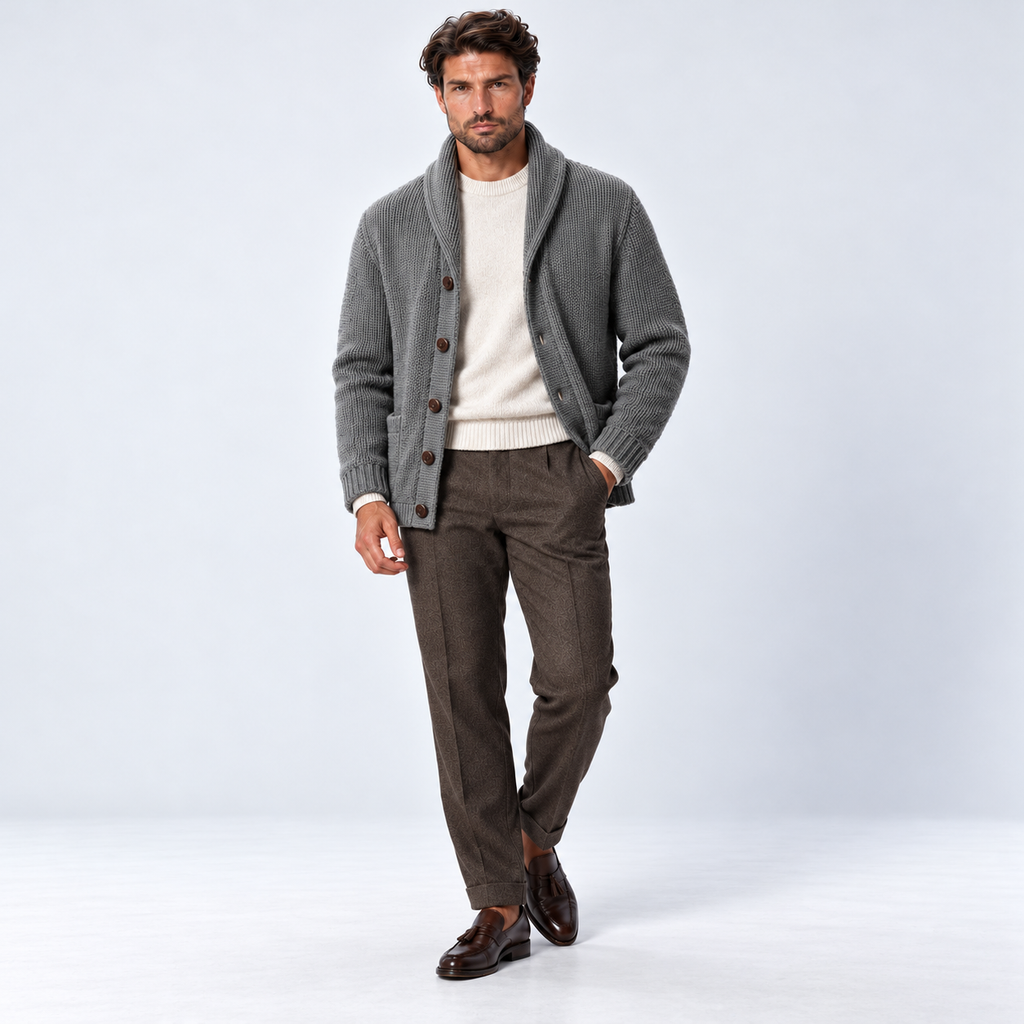 Monvaline | Men's Wool Blend Shawl Collar Ribbed Knit Cardigan